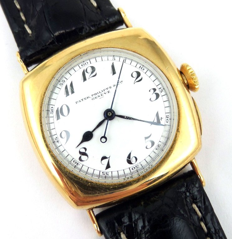 PATEK PHILIPPE Vintage Man's Wristwatch, 18k Gold, 1925: Circa 1925 Patek Philippe 18k gold watch in running condition. Monogrammed back "RWV," serial 201482 (works and back numbers match). New crocodile band.