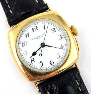 PATEK PHILIPPE Vintage Man's Wristwatch, 18k Gold, 1925: Circa 1925 Patek Philippe 18k gold watch in running condition. Monogrammed back "RWV," serial 201482 (works and back numbers match). New crocodile band.