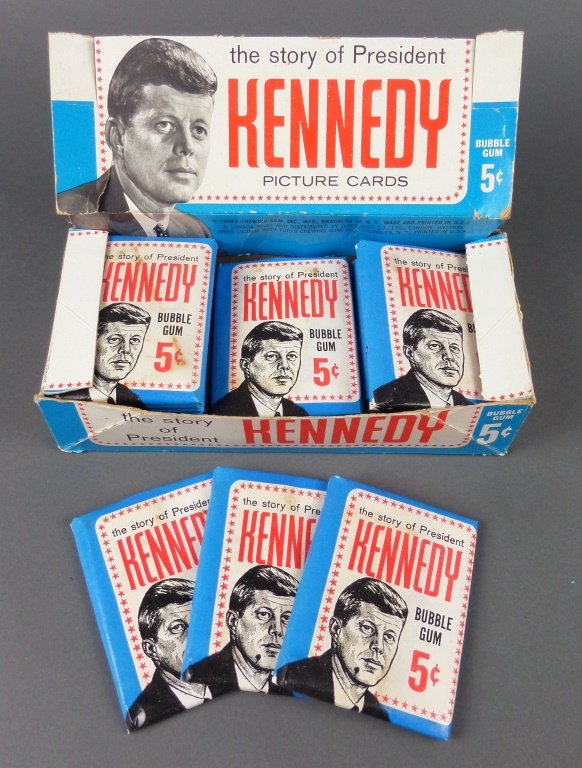 1964 JOHN F KENNEDY Topps Trading Cards, unopened wax: 24 unopened JFK wax packs in box, lid separated, else very fine.