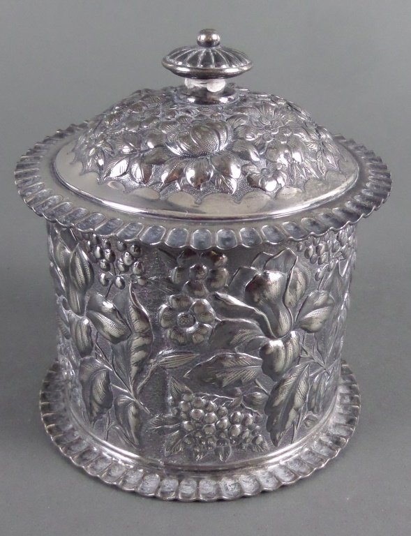 Old Silverplated Repousse Simpson Hall & Miller Tobacco: 4-1/2" high.