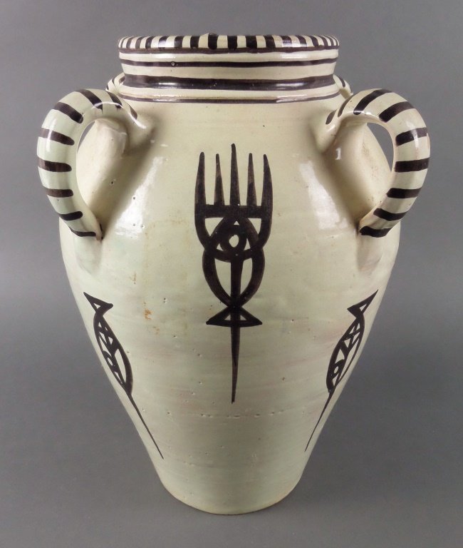 Signed Islamic Handled 13" Pottery Water Vessel: 13" high hand-thrown urn with four handles. Bottom has firing glaze split on bottom that does not go through to the other side -- not a crack. Signed on bottom with the name "Abdul Rassef Nabeel" (acc