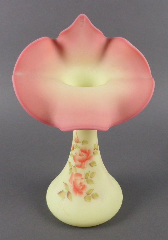 Fenton BURMESE Jack-in-the-Pulpit 10" High Vase: Excellent condition, with no damage. Gorgeous colors. Signed "Hand Painted by Robinson."