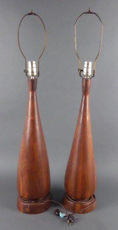 Pair of MID CENTURY MODERN Wooden Table Lamps: Two MCM lamps, 32" high to tops of harps, both need tightening.