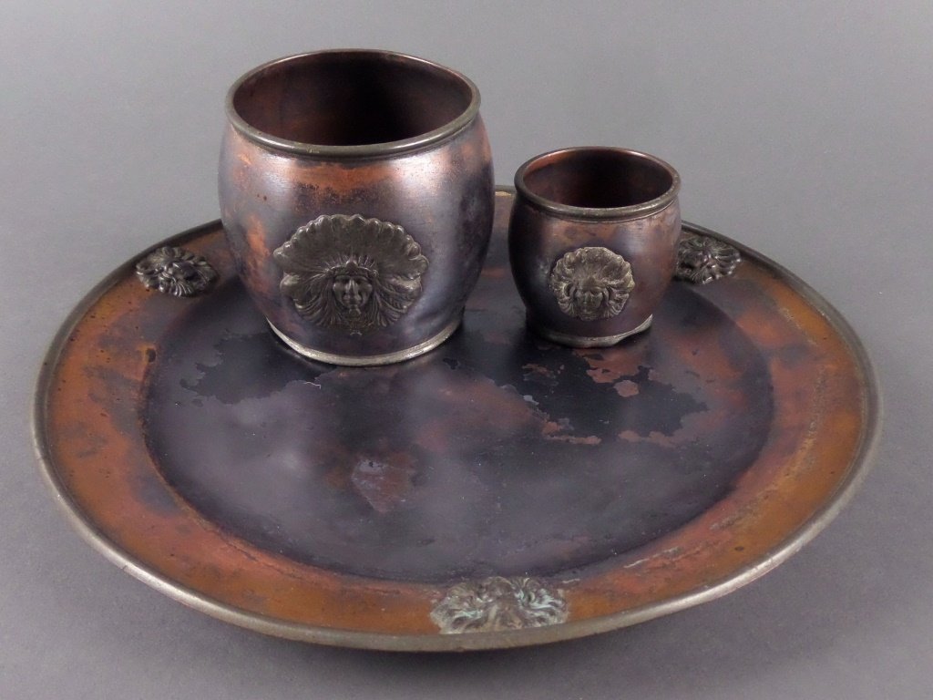 Antique Copper Plate and Bowl set with Indian Chief: Plate 8-3/4" diam. Set is tarnished, some dings and bumps. Rockford Silver Plate Co., marked "Solid Copper" on bottom.