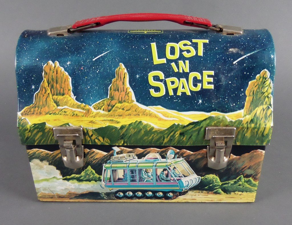 LOST IN SPACE 1967 Metal Lunch Box as is: Original Lost in Space metal lunch box in fair condition. Lid has dents on right and left and the lid is detached from base. Hinge pin is still intact so lid can be reattached.