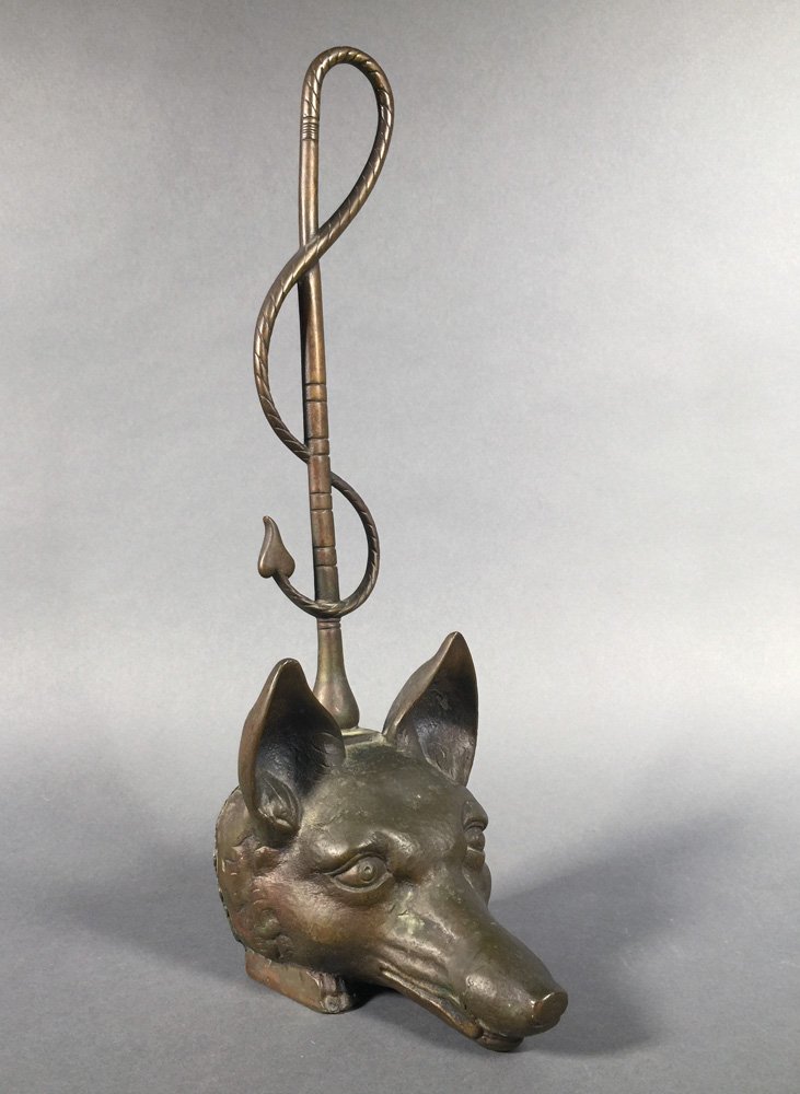Victorian Figural FOX HEAD English Brass Door Stop: Nicely detailed antique snarling fox brass doorstop. Could double as a bootjack (laid backwards, using the ears as the heel catch). Handle appears to be a riding crop or whip. Marked on bottom "Englan