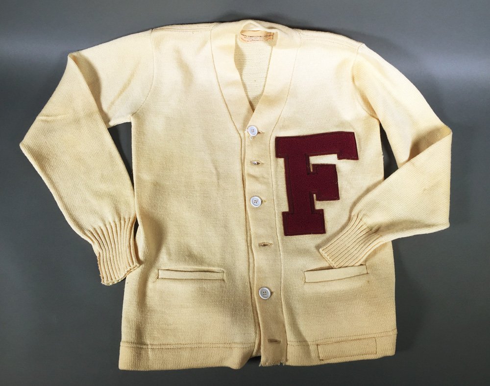 1950s FLORIDA STATE UNIVERSITY Letter Sweater: Monogrammed "Mark Brown" on inside. Very good condition, with a few light spots and minor fraying. A couple of small holes. About men's size Large.