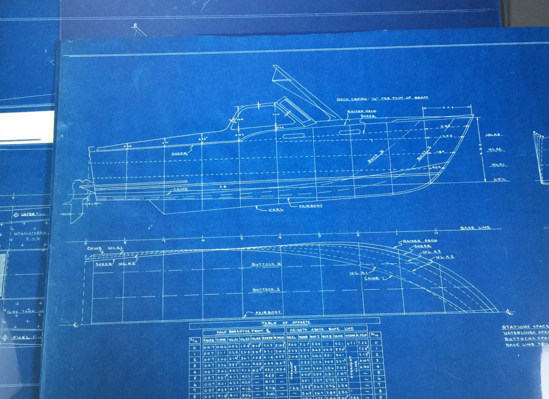 2 Sets of 1960s YACHT Boat Cruiser Blueprints: Each measures 19" x 30". Blueprints for the Raised Deck Cruiser "Marilyn B," dated July 1962. Very good condition, with minimal wear. Would be gorgeous framed.