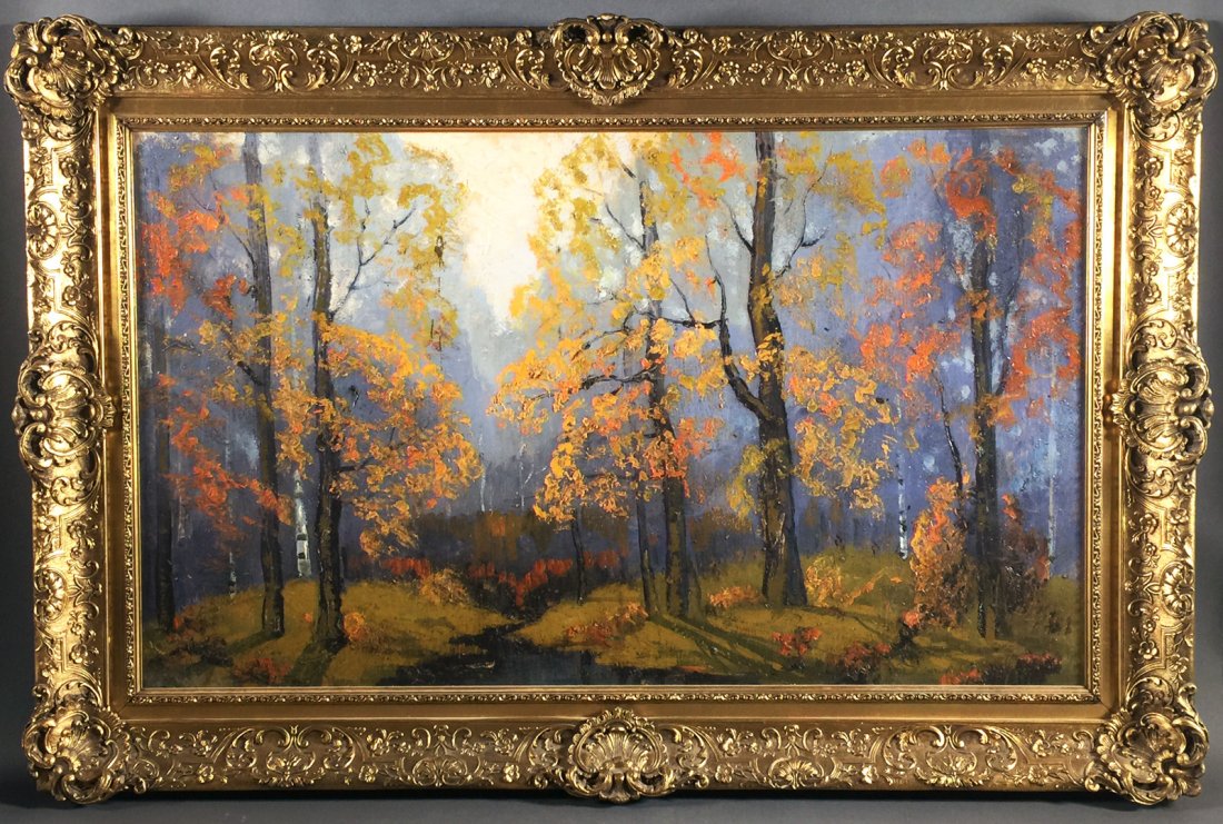 Oil Painting, ERNEST T FREDERICKS, "Autumn Woods": Early 20th century oil on canvas in ornate gesso frame of Autumn scene by very well-listed artist Frederick Ernest Swedlun (American, 1877-1959), who painted under the pseudonym "Ernest T. Fredericks.