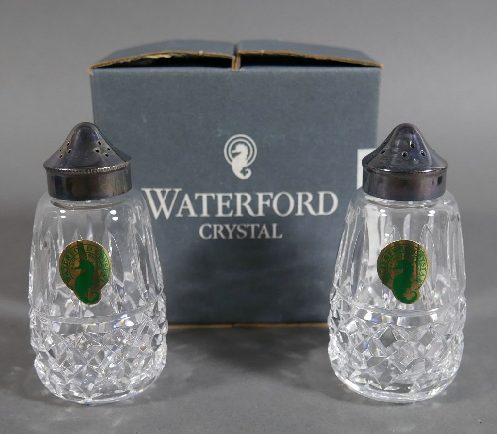 WATERFORD Crystal SALT & PEPPER Shaker Set: New in box salt and pepper set by Waterford, original labels. 3-3/4" high.