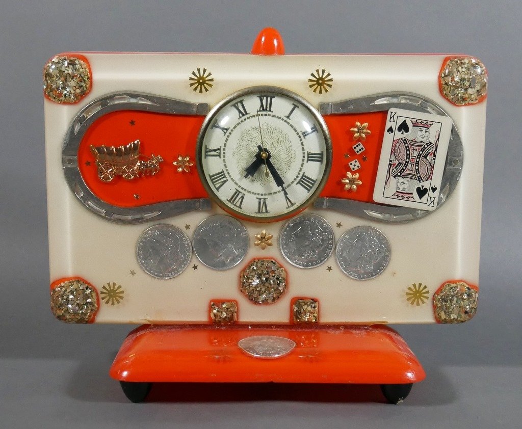 Vintage Lucky Silver Dollar Electric Mantel Clock: Coins encased in acrylic. Works. About 11-1/2" wide.
