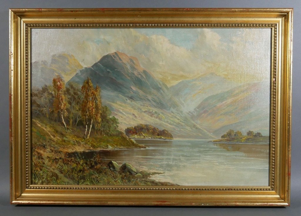 F.E. JAMIESON Oil on Canvas Landscape: Painting by Francis E. Jamieson (British, 1895-1950). Measures 16" x 24" in 19" x 27" frame. Excellent condition.