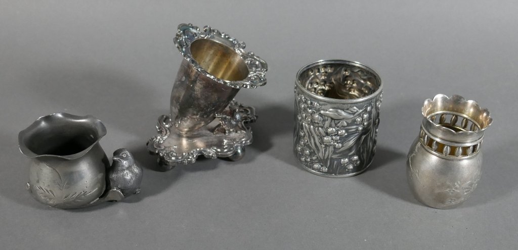 4 Victorian Silver Plated Miniature Items: Includes figural match holder, toothpick holder and inkwell. Tallest is 3-1/2" high.