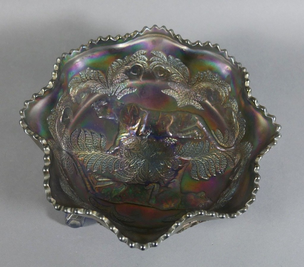 Fenton PANTHER Carnival Glass Blue Iridescent Bowl: Scarce Fenton "Panther" berry or fruit bowl, measuring about 9-3/4" diameter. Excellent condition, with no damage. Typical straw marks. Great iridescence.