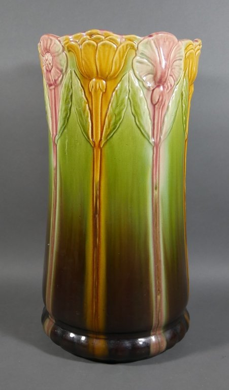 WELLER Art Pottery Floral Umbrella Stand: Good condition, with production split across bottom. No chips or other damage. Measures 20" high.
