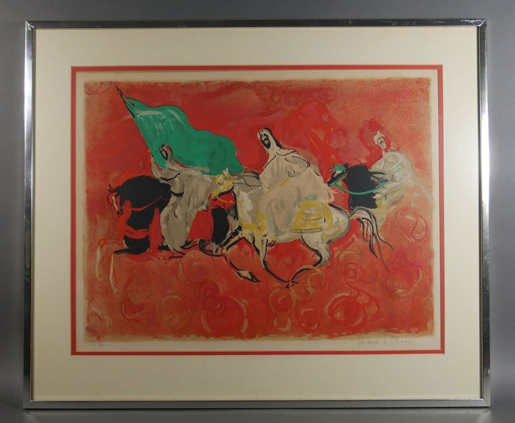 HASSAN EL GLAOUI Arabs on Horseback Signed Print: Glaoui (French, b. 1924) signed and numbered print of three Middle Eastern men on horseback. Measures 30" x 35-1/2". Numbered 27 lower left. Fully signed lower right. Matted and framed.