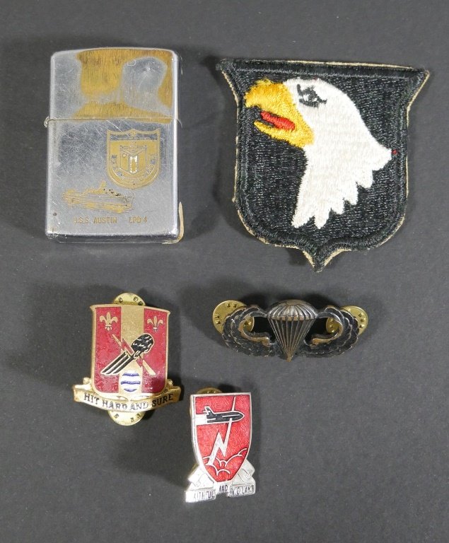 Old Military Pins, Patches and Zippo Lighter: Includes 101st Airborne patch and sterling jump wings.