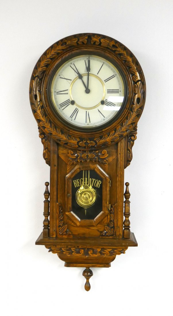 Carved Oak Wall Clock Key Wind with Pendulum