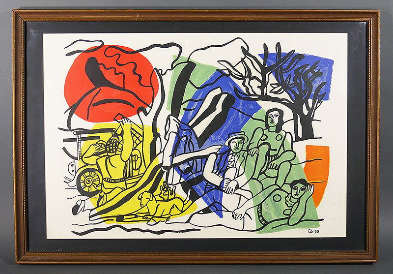 FERNAND LEGER La Partie de Campagne 1955 Litho: Signed and dated in plate, lower right. "La Partie de Campagne" by Fernand Leger (French, 1881-1995). From Wikipedia: "In his early works he created a personal form of cubism which he gradually modifi