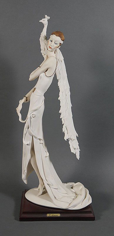 GIUSEPPE ARMANI Flapper Figurine w Peacock: 20" high. Excellent condition, includes box.