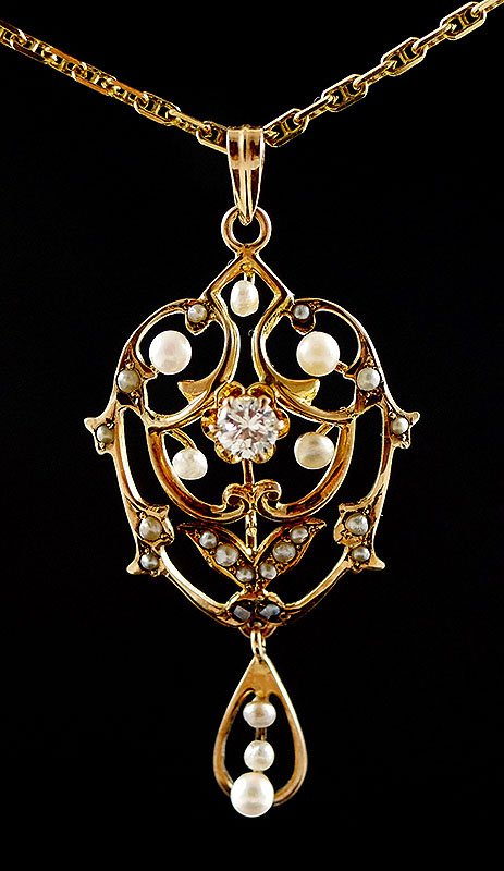 Gold Lavalier Necklace 14k Chain Diamond Pearl: Chain is 15" long. Has 10k diamond and pearl lavalier 1-1/2" long. 20 point diamond, SI1, H-I color. Weighs 4.7 grams total.