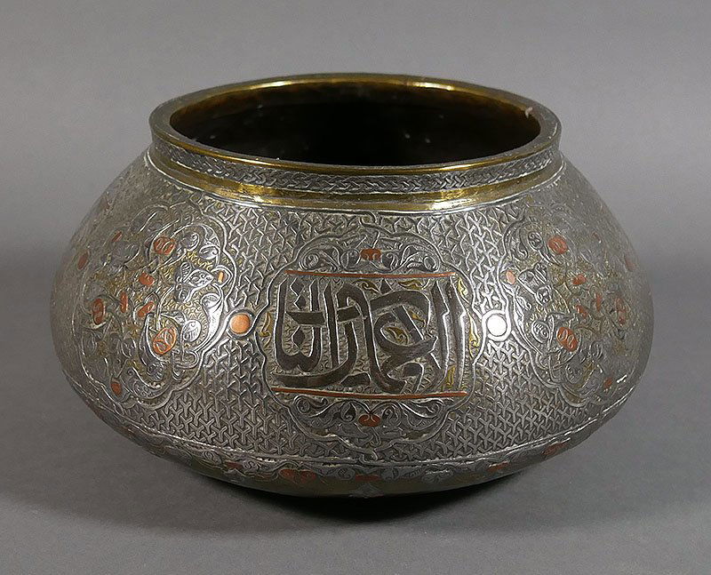 Old Islamic Mixed Metal Brass Silver Copper Pot: Ornate antique mixed-metal Islamic vessel lavishly decorated with copper and silver over brass. Signed on base. Measures about 9-1/2" diameter at the belly and 5" high.