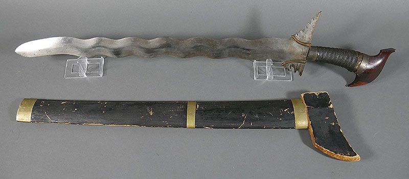 Antique Indonesian KRIS Wavy Knife Sword: 26-1/4" overall. Ornate. scabbard is original -- the flat side of the scabbard covering the guard is cracked