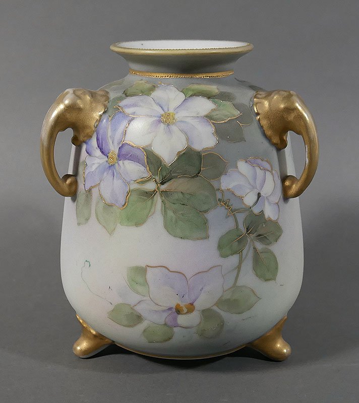 Art Deco NIPPON Floral Porcelain Handled Vase: Vintage footed and handled Nippon vase, decorated with raised gold slip. Excellent condition, measuring about 6-1/4" high.