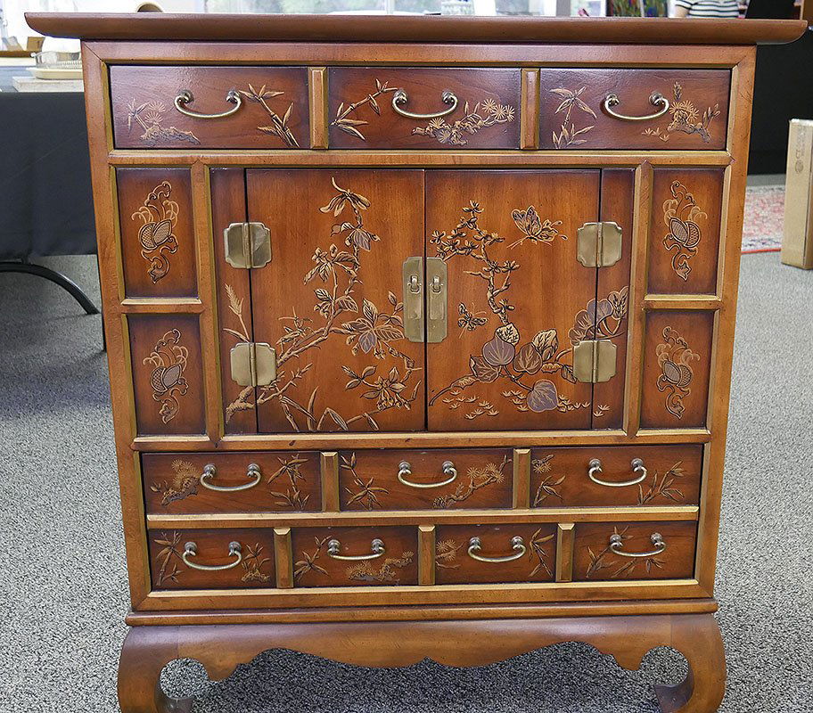 Drexel Heritage "DYNASTY" Chinese Cabinet Chest: Measuring 34" high by 31-1/2" wide, this vintage floral decorated chest by Drexel Heritage has and upper and lower drawer and two-door center storage. Excellent condition. **This item must be shipped