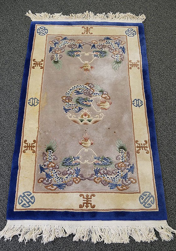 Fine Chinese AUBUSSON 3x6 Rug: Tan field, blue border, with dragon center medallion. 36" x 68".