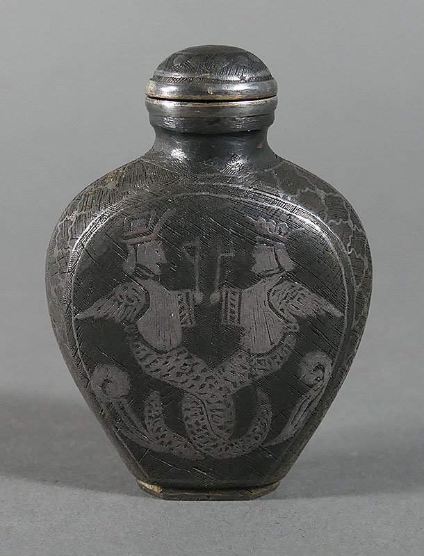 Antique Metal Inlaid Snuff Bottle Mythical Figures: Old metal snuff bottle, presumably Chinese, with inlaid designs that appear to be European -- figures depicted on panels on each side appear to be crowned and winged mermen. (From what we have researc