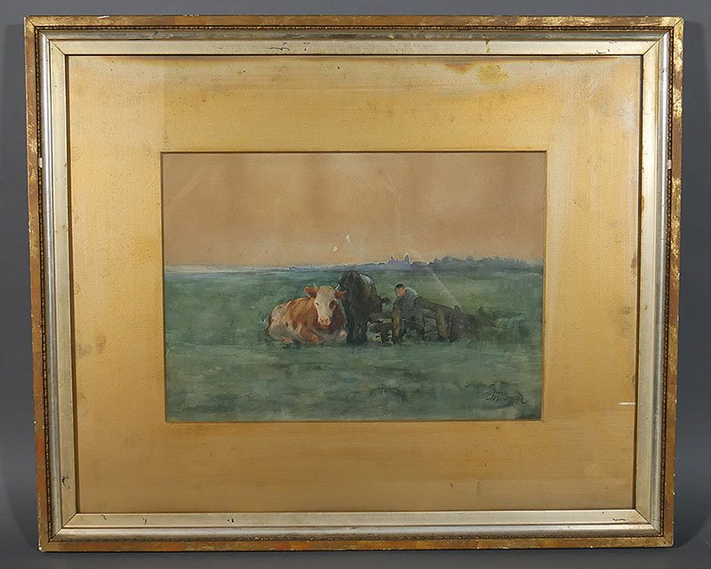 CHARLES PAUL GRUPPE, Watercolor of Cows in Pasture: Watercolor by Charles Paul Gruppe (American, 1860-1940). 9-3/4" x 13-3/4" in 19-1/4" x 23-1/4" gilt wood frame. A couple of white spots just above cow in center. Some toning on gilt matting. **The cos