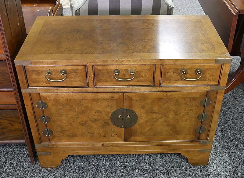 BAKER FURNITURE Oriental Style Low Cabinet: Burled top and front, brass handles. 24" high, 32" wide. Fine condition. **This item must be shipped via freight or cargo services -- we will provide you with a list of vendors to make your own arrang