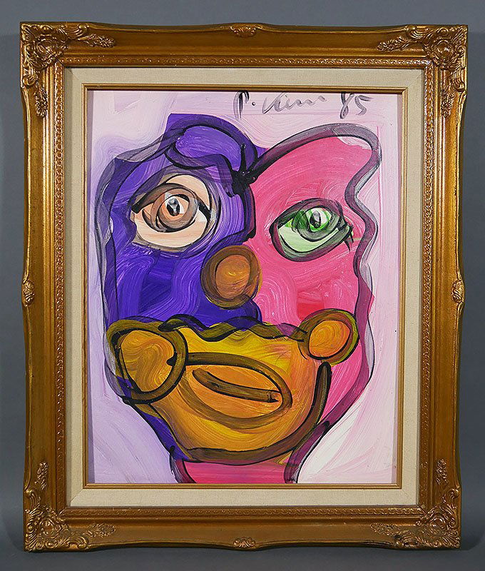 PETER ROBERT KEIL "Jester" Oil on Board Painting: Striking oil on board original painting by listed artist Peter Keil (German, American, b. 1942), dated 1985. Comes with gallery COA, also signed by Keil. Measures 19-1/2" x 15-3/8" in 25" x 21" frame.