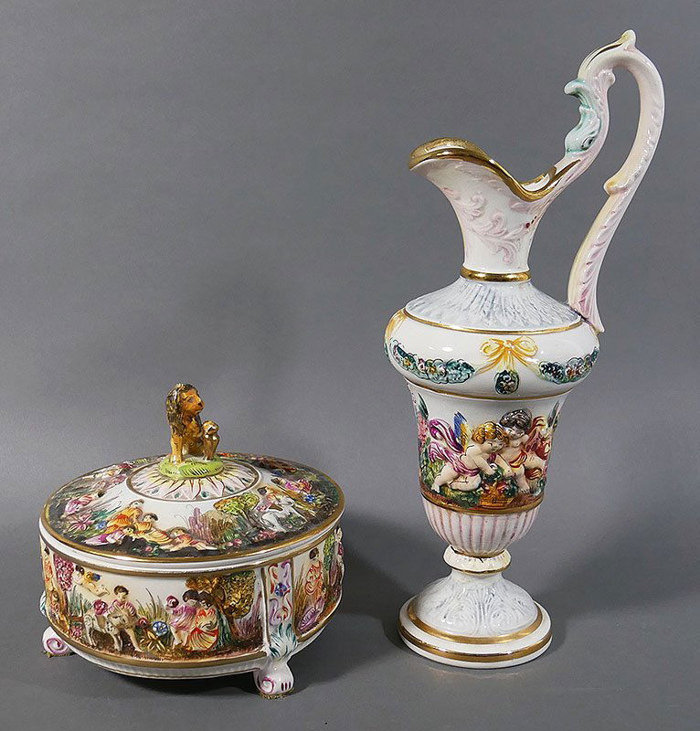 2 pcs R. CAPODIMONTE Porcelain Vanity Box, Ewer: Two pieces of R. Capodimonte handpainted porcelain. Ewer measures 12-1/2" high. Box is 6-1/2" diameter. Both ewer and lidded vanity box are in excellent condition, with no damage.