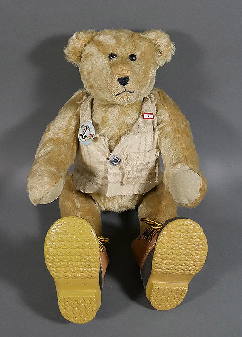 Antique Jointed Mohair Teddy Bear, 14k Tiffany Pin: Old mohair bear in good condition, with modern LL Bean gumsole boots. As found in estate, including vintage reproduction Teddy Roosevelt pin and vintage 14k gold enameled Tiffany & Co. signed military