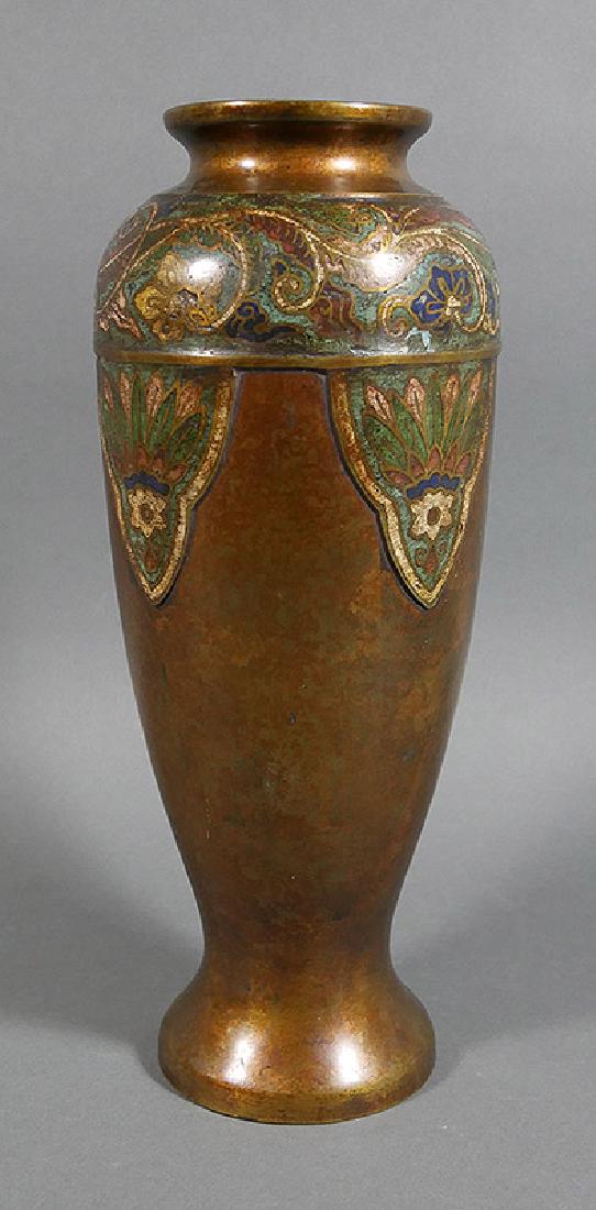 Antique Japanese Bronze Champleve Enamel Vase: Fine antique bronze vase, most likely Japanese (possibly Chinese), with raised floral champleve work near shoulder. Measures 11-1/2" high. Fine condition, with nice original patina from age.
