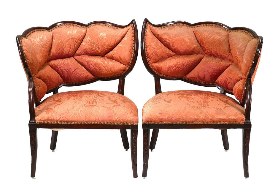 Pair FRENCH ART DECO Leaf Chairs Maison Jansen: Mirrored pair of circa 1930s French Art Deco carved mahogany leaf-form chairs with pink damascene upholstery. Very fine condition overall. A rare set that is very difficult to find. More than one sour