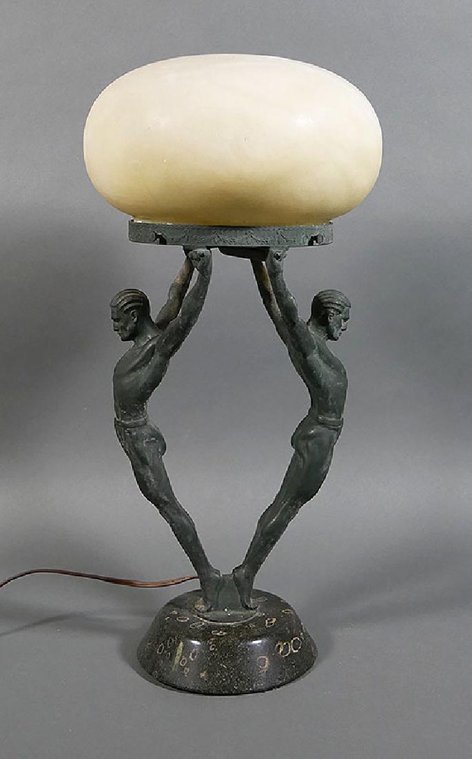Fine ART DECO Period Alabaster Figural Globe Lamp: Circa 1930 table lamp -- two men holding up an alabaster globe. Measures about 16" high. Very good condition. Single bulb.