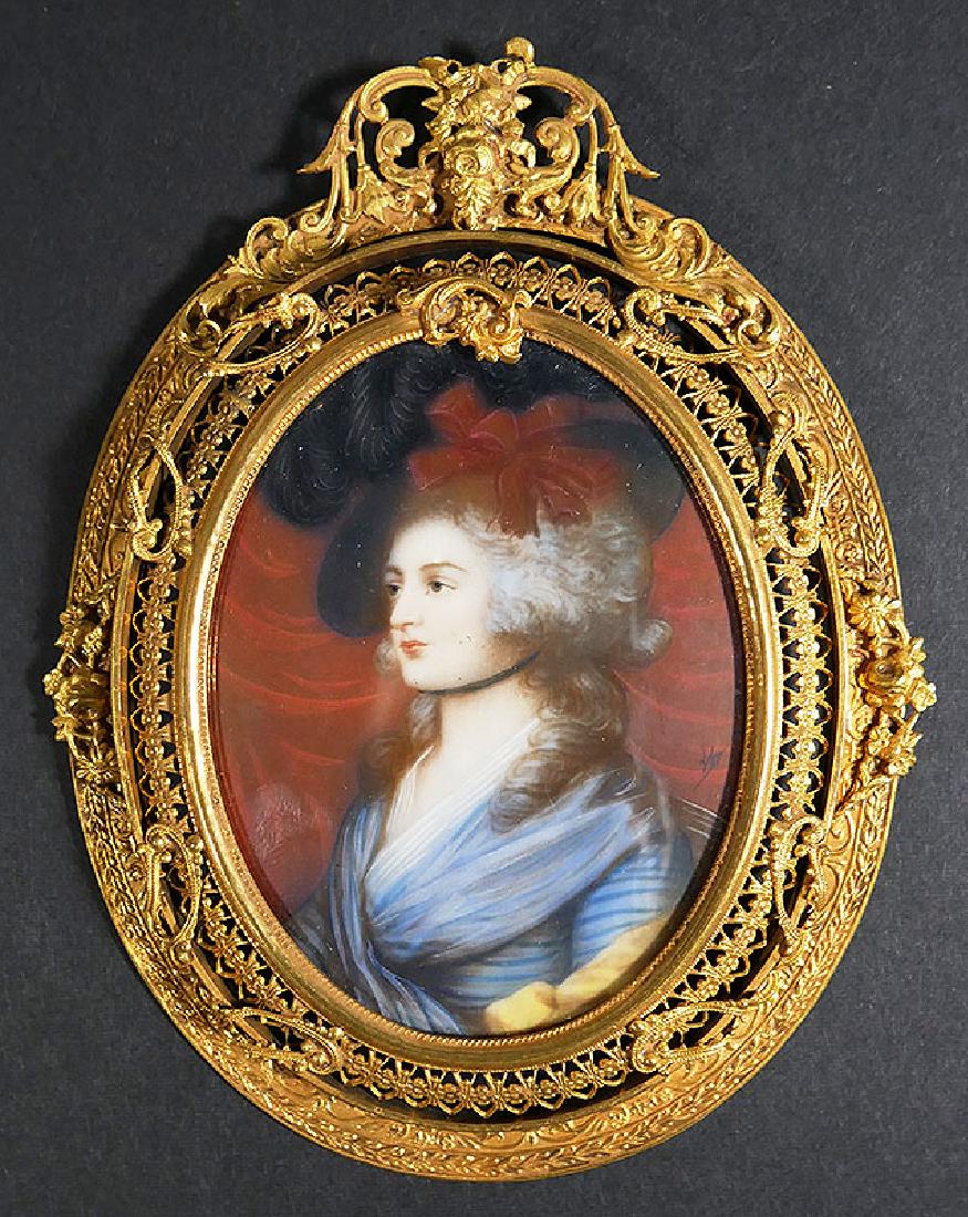 Old French Painting on Ivory of Marie Antoinette: One of three fabulous antique French paintings on ivory of Marie Antoinette, in openwork gilt ormolu frame. Measures 3-1/4" x 2-3/8" visible in 5-3/8" x 4-1/4" frame. Signed right edge, at about 3 o'c