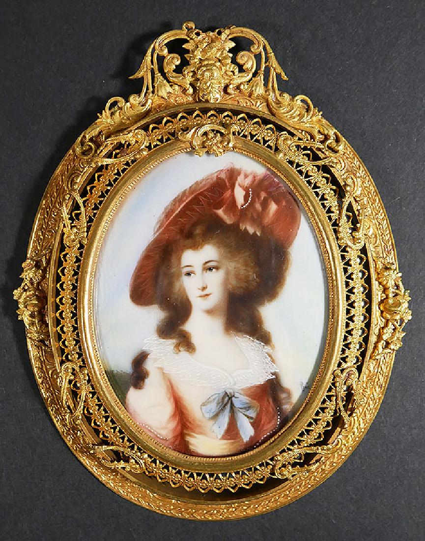 Old French Painting on Ivory of Marie Antoinette: One of three fabulous antique French paintings on ivory of Marie Antoinette, in openwork gilt ormolu frame. Measures 3-1/4" x 2-3/8" visible in 5-3/8" x 4-1/4" frame. Signed lower right edge, at about