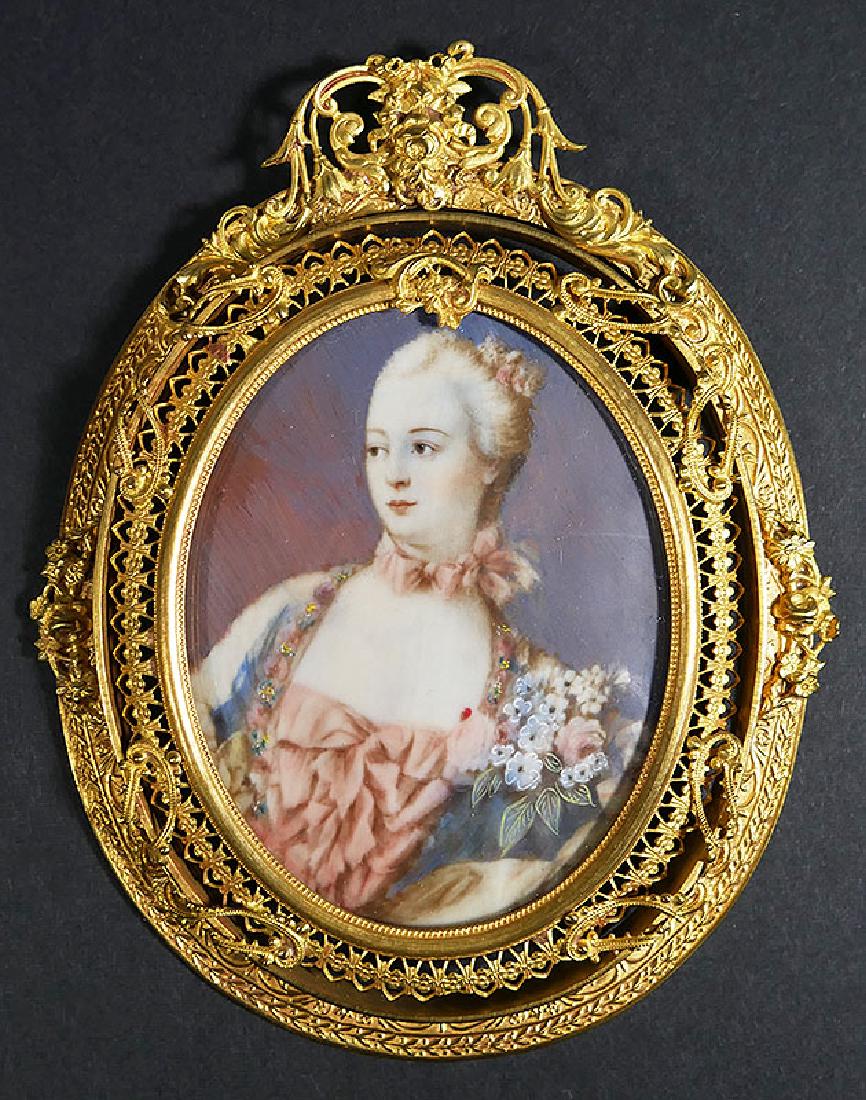 Old French Painting on Ivory of Marie Antoinette: One of three fabulous antique French paintings on ivory of Marie Antoinette, in openwork gilt ormolu frame. Measures 3-1/4" x 2-3/8" visible in 5-3/8" x 4-1/4" frame.