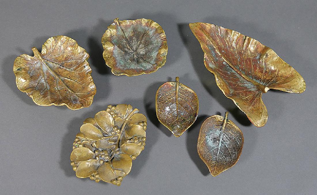 6 OSKAR JW HANSEN Leaf Form Brass Sculpture Plates: Group of six circa 1945-55 highly detailed brass leaf-form plates by Hansen (Norwegian, 1892-1971), a sculptor known primarily for his Art Deco-style sculptures around Hoover Dam. These were made for 