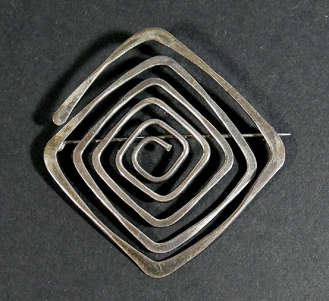 1950s ED WIENER Abstract Spiral Box Maze Brooch: Vintage 1950s sterling silver pin by Ed Wiener (American, 1918-1991), a New York jewelry designer noted for his merging of Bauhaus and Abstract Expressionist styles. Excellent condition. Measures abou