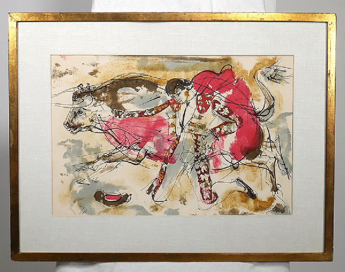 HANS ERNI Matador Signed Artist's Proof Print: Colorful artist's proof of matador fighting a bull by Erni (Swiss, 1909-2015 … yes, he lived to 106), signed lower right, marked AP lower left. Measures 14-3/4" x 21-5/8" in 22-3/8" x 29" frame.