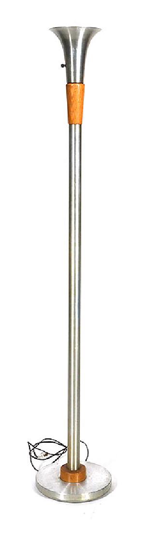RUSSELL WRIGHT Torchiere Aluminum Floor Lamp: Vintage Midcentury Modern torchiere floor lamp by Russel Wright. Similar lamp is being sold separately in the auction (the other has a different wood color just under the top shade). Measures about 62