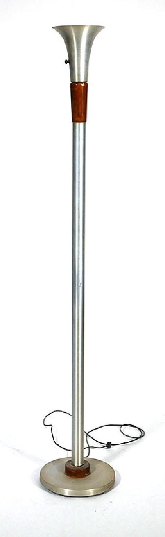 RUSSELL WRIGHT Torchiere Aluminum Floor Lamp: Vintage Midcentury Modern torchiere floor lamp by Russel Wright. Similar lamp is being sold separately in the auction (the other has a different wood color just under the top shade). Measures about 62
