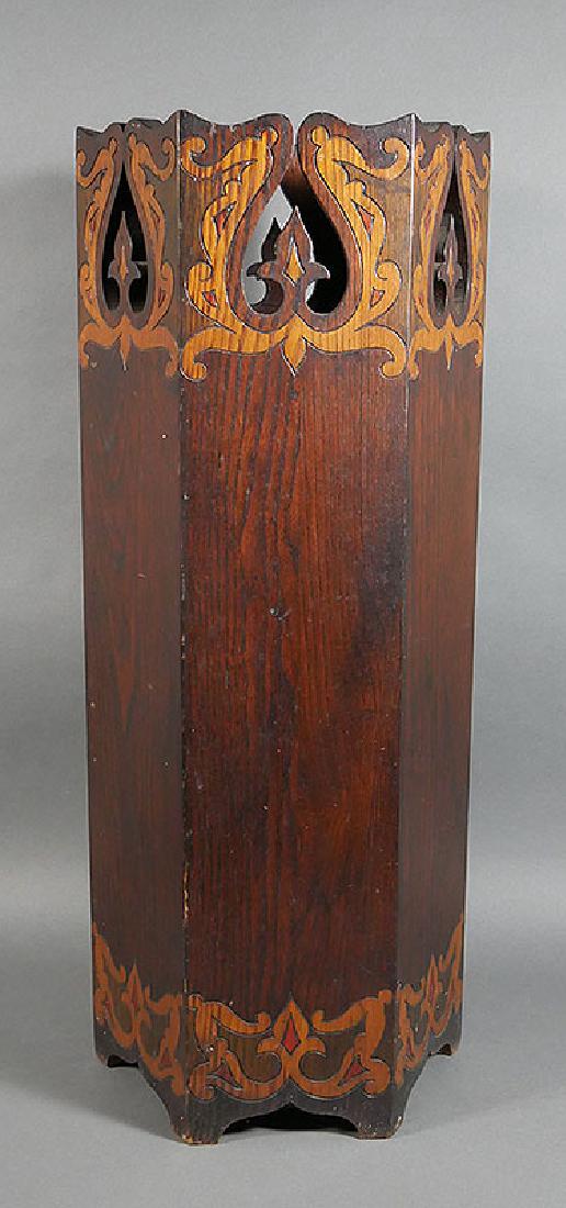 Fine Arts & Crafts Era Oak Carved Umbrella Stand: Elegant circa 1900 oak hexagonal umbrella stand, measuring 27" high. Nice condition outside. Very sturdy -- made from solid 5/8" oak. Inside bottom metal cup reinforced with wood panel.