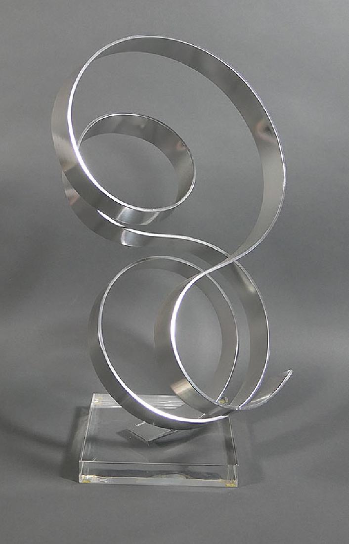 DAN MURPHY 18" Aluminum & Lucite Sculpture 1980: Elegant modern aluminum sculpture on lucite base by artist Dan Murphy. Signed on underside and dated 1980s.