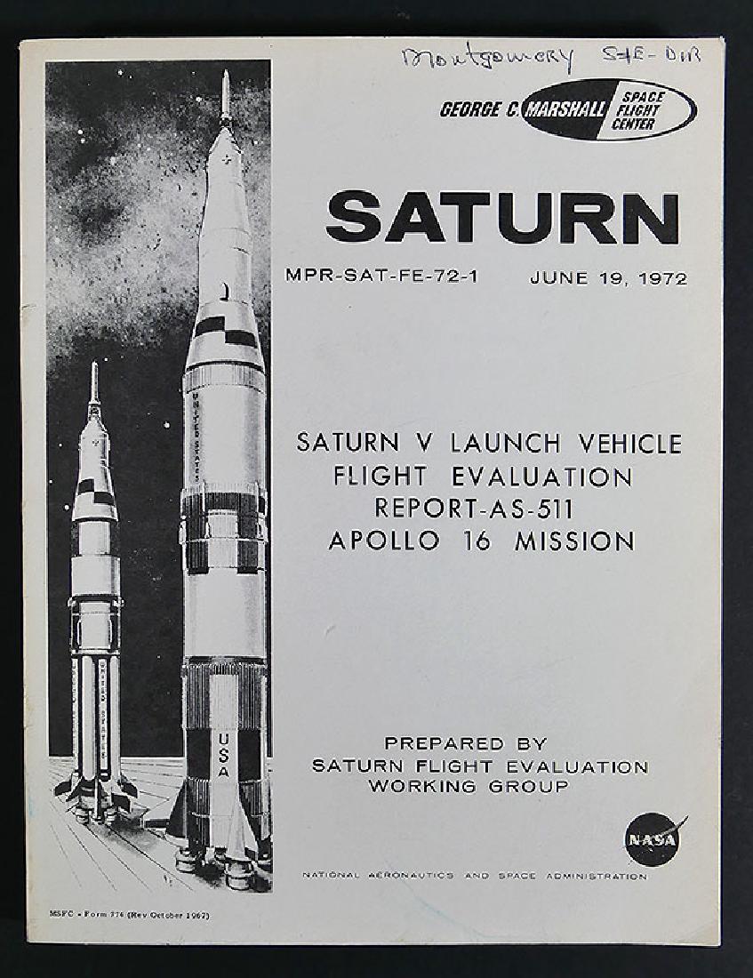 1972 NASA Saturn V Rocket Flight Evaluation Book: Scarce NASA book, the Saturn V Launch Vehicle Flight Evaluation, Apollo 16 Mission. Prepared by the Saturn Flight Evaluation Working Group, which included the original owner of the book, Brian Montgom